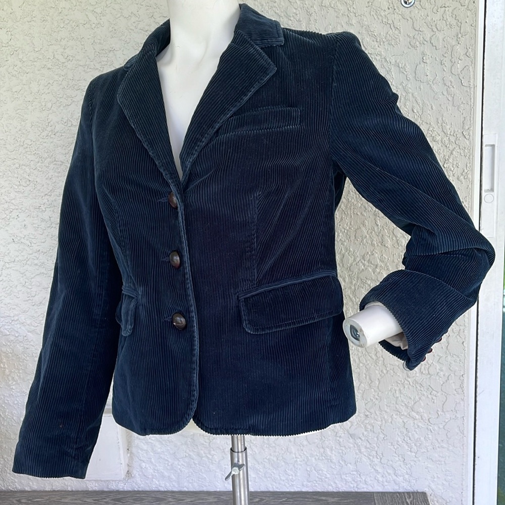 LL BEAN Women's Size 6 Blazer Jacket Navy Blue Cotton Corduroy w/Floral Lining